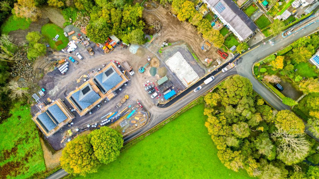 drone image of new homes in tregarth being built
