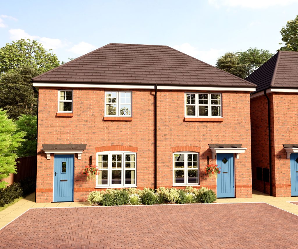 Artist impression of semi detached homes with blue door