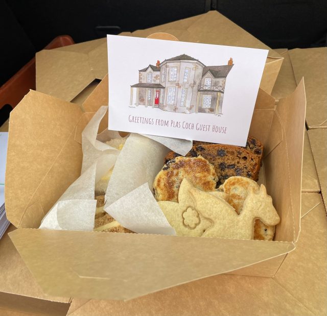 Afternoon tea boxes with cakes from Plas Coch