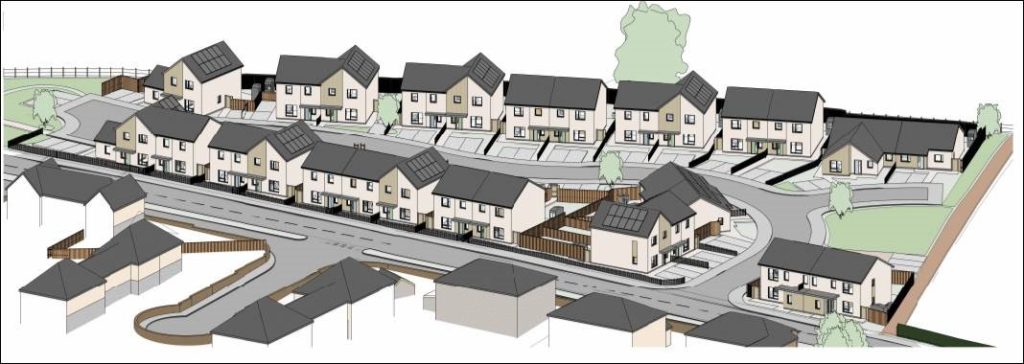 Computer generated image of the approved housing estate in Bethel, showing the design of the estate.